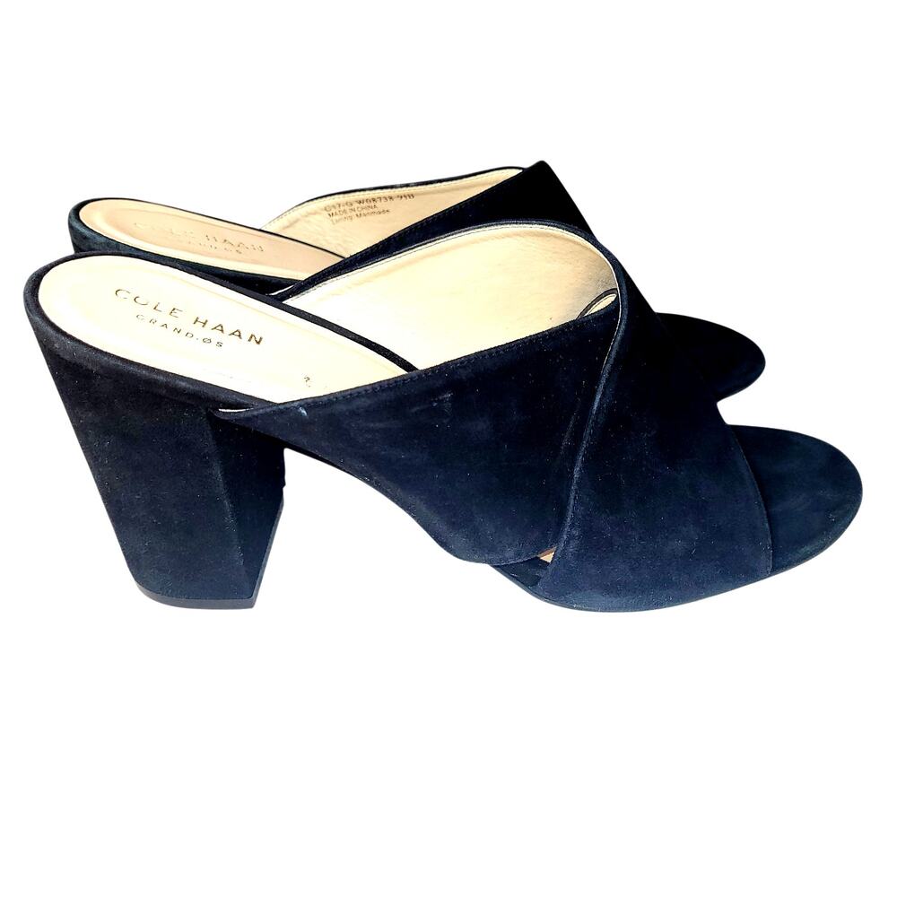 Vtg Cole Haan Gabby Woman's Slip-On Block Heel Sandal Black Suede Leather 9.5B